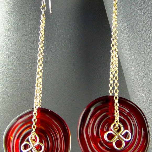 NWOT Red Pressed Glass Earrings, Handmade w/14k Gold Filled Chain - 3 3/4" - Picture 7 of 11